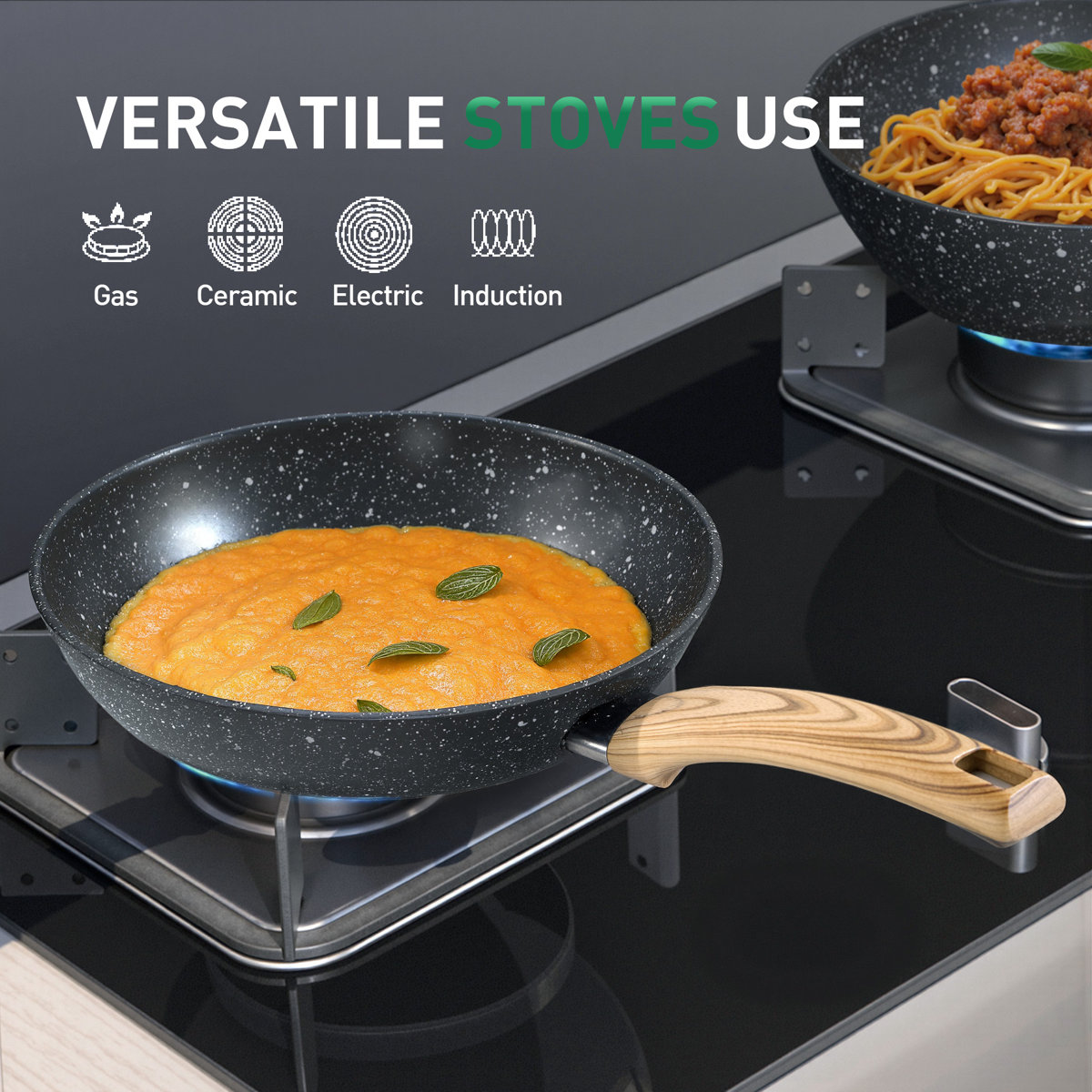 12 Piece Granite Black Nonstick kitchen Cookware Induction Pots and Pans Set